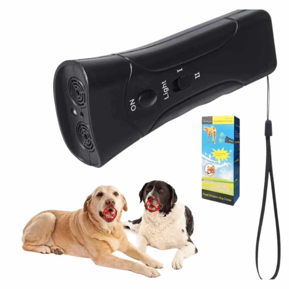 Ultrasonic Dog Repeller Trainer and 2 dogs